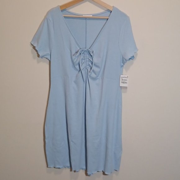 BP. Blue Tie Front Lettuce Edge  Rib Dress - Picture 3 of 8